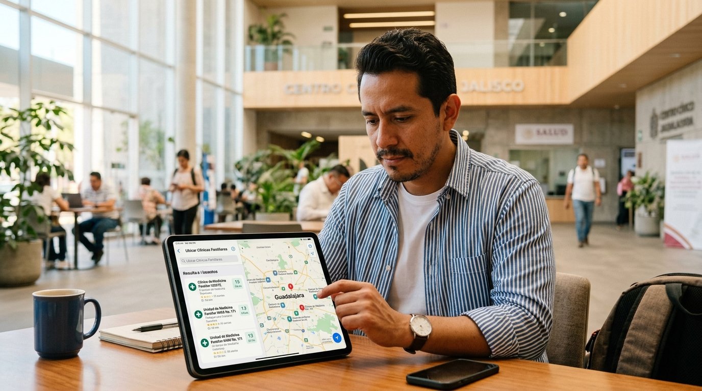 Derechohabiente mexicano consultando el mapa digital de clínicas y cambio de UMF en una tableta