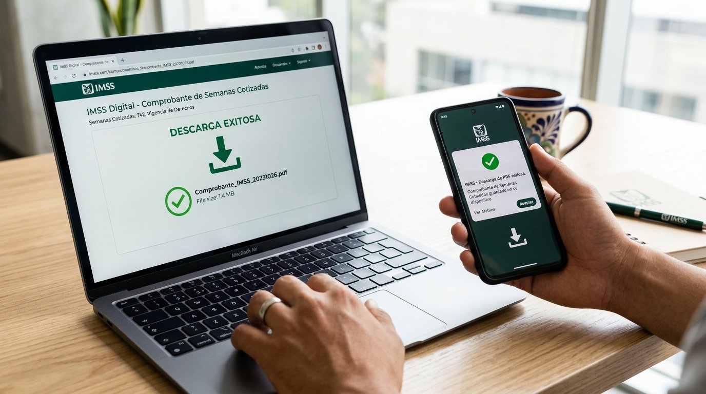 Usuario mexicano descargando exitosamente el comprobante oficial en PDF del IMSS en computadora y celular