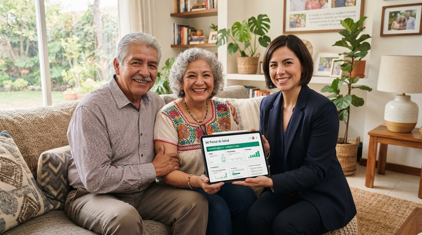 Pareja de adultos mayores mexicanos derechohabientes consultando su tarjetón digital del IMSS en tableta
