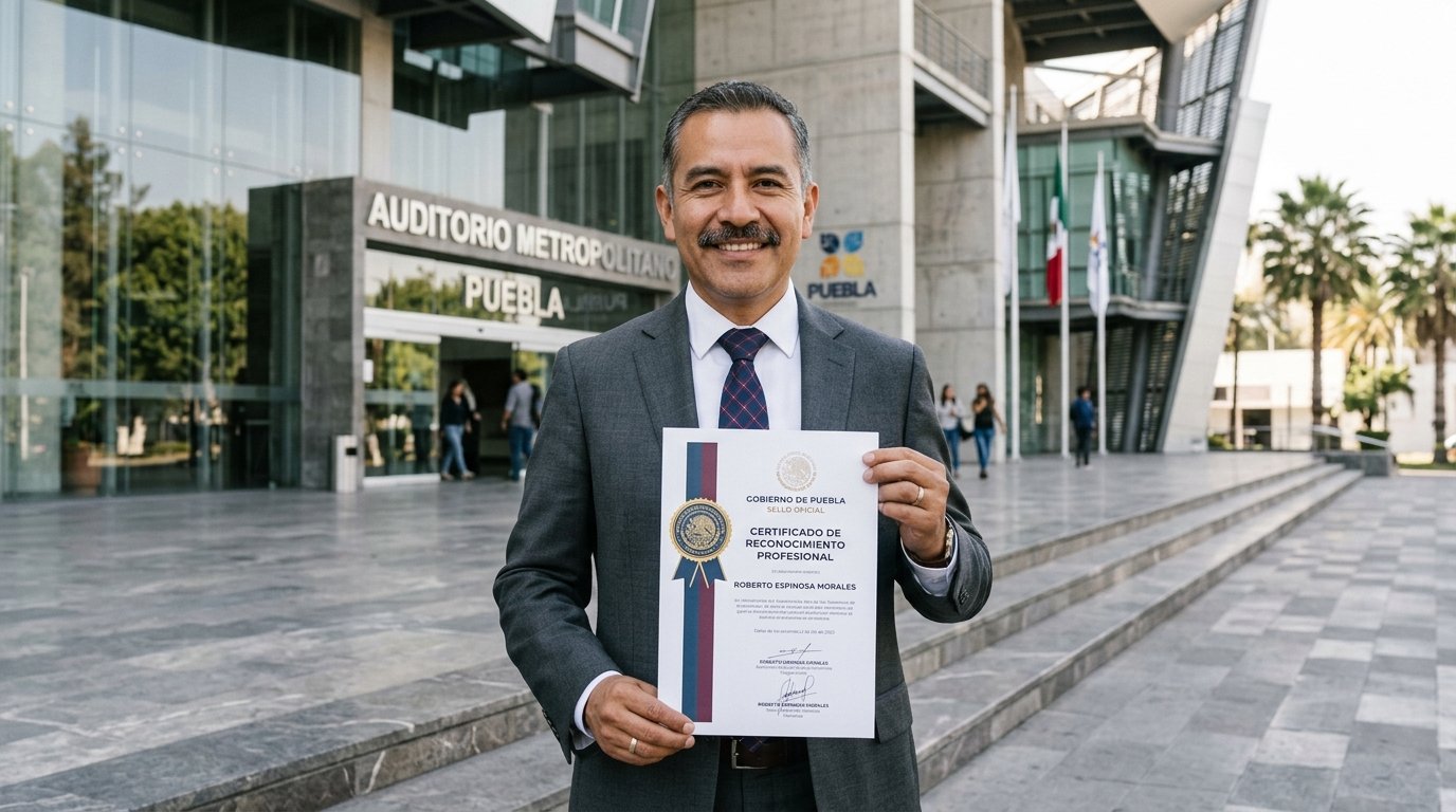 Ciudadano mexicano mostrando constancia oficial aprobada de no derechohabiente ante edificio público