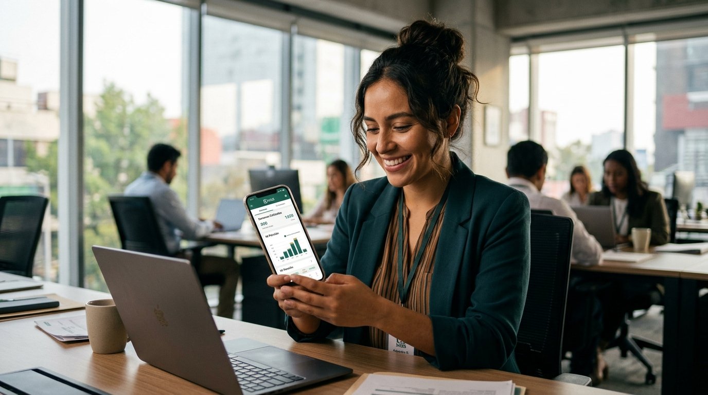 Trabajadora activa mexicana en su oficina consultando en su smartphone la vigencia de derechos del Seguro Social IMSS