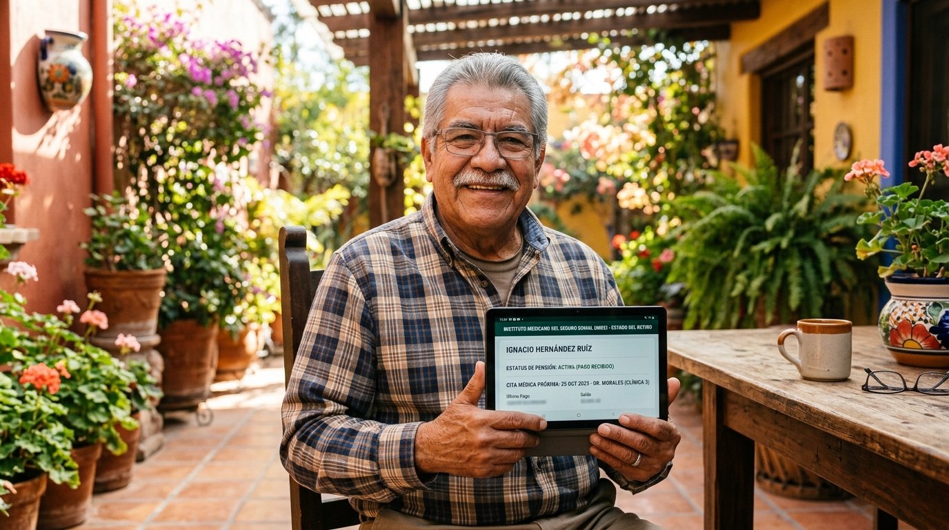 Abuelo mexicano jubilado sonriente en su patio mostrando en tableta el estatus activo de su pensión IMSS